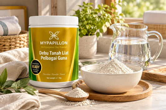 Debu Tanah Liat MyPapillon bersama tanah liat halus dan air untuk penyediaan sertu